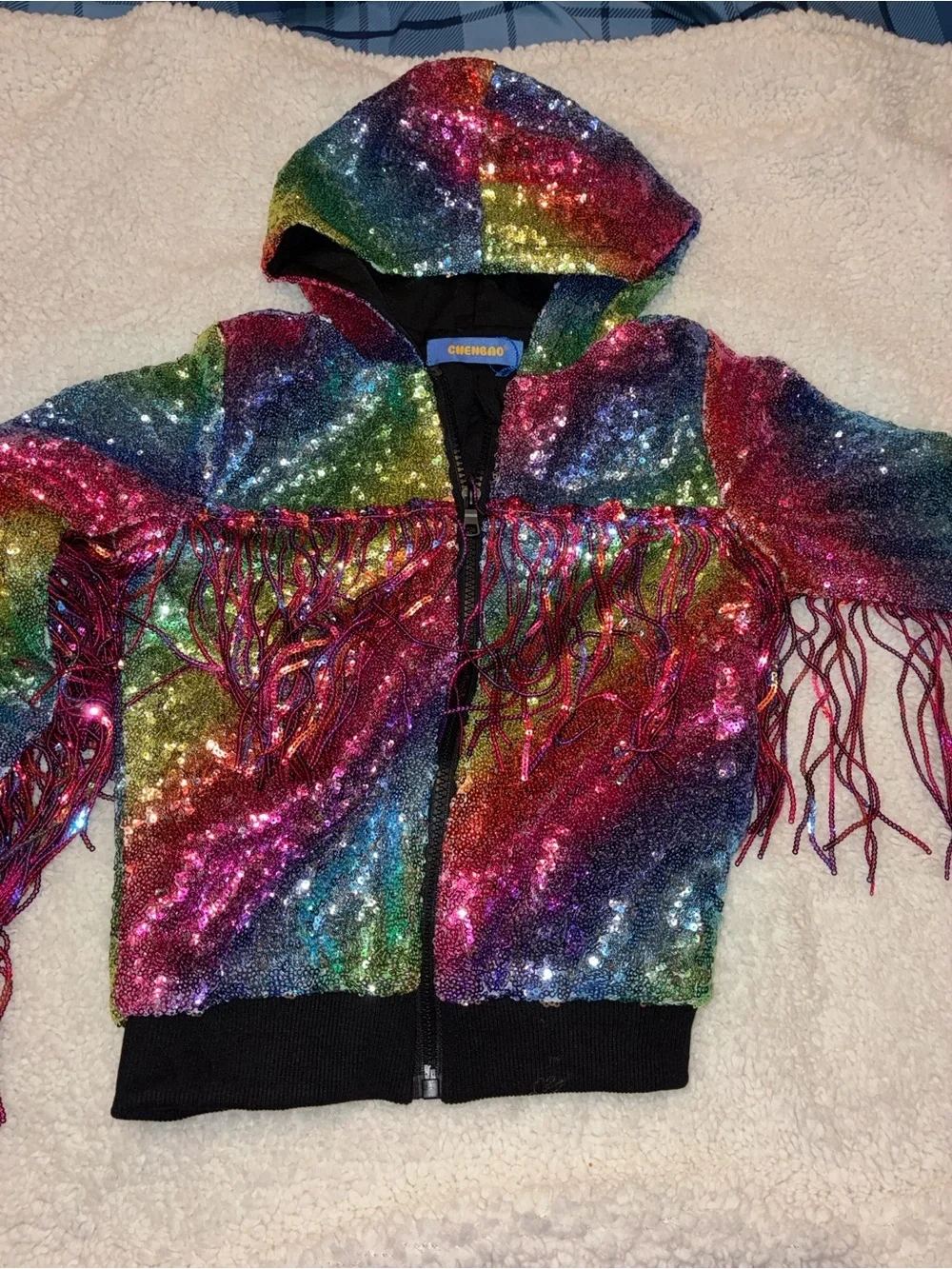 NWT Rainbow Sequin Fringe Bomber Jacket Girls Medium | Y2K| performance wear